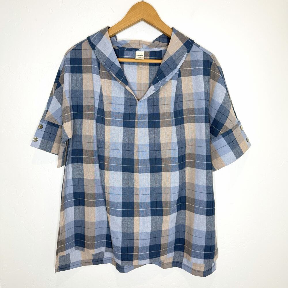 Lintico Sierra V Neck Short Sleeve Top Linen Womens Medium Ocean Sunset Plaid